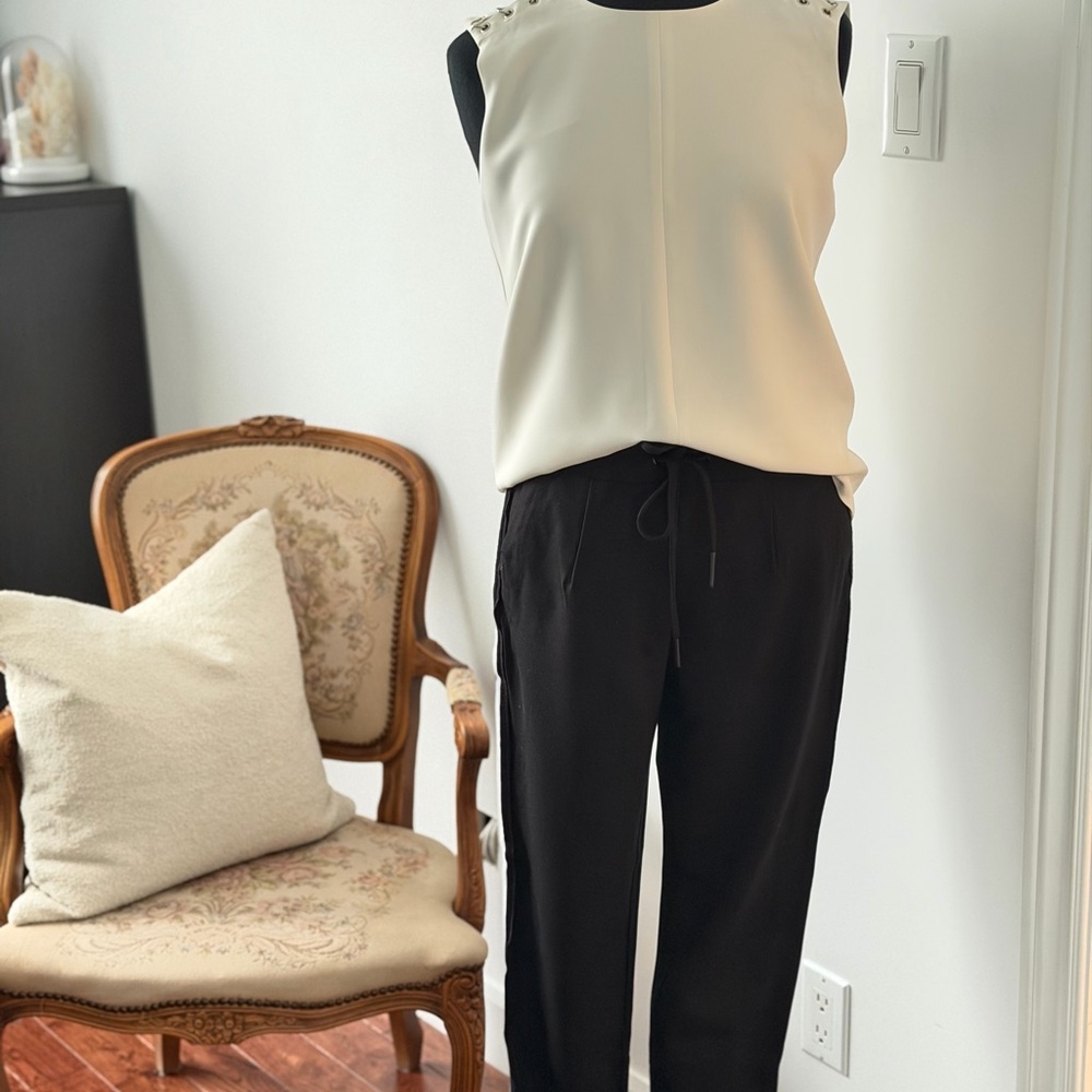 Set. Cream Sleeveless Top w/ Eyelets & Black Striped Pants